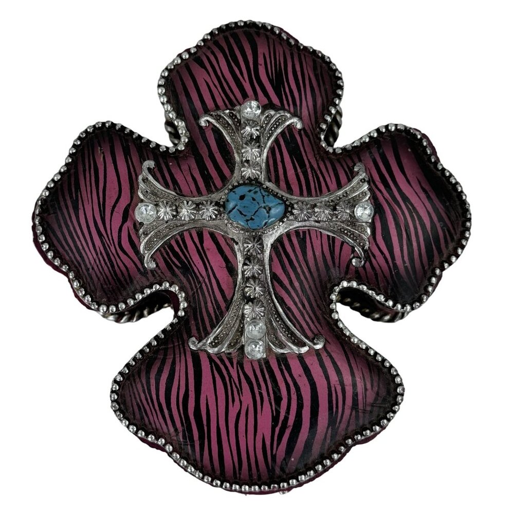Hobby Lobby Cross-Shaped Jewelry Box Trinkets Pink Zebra Print Turquoise Accents